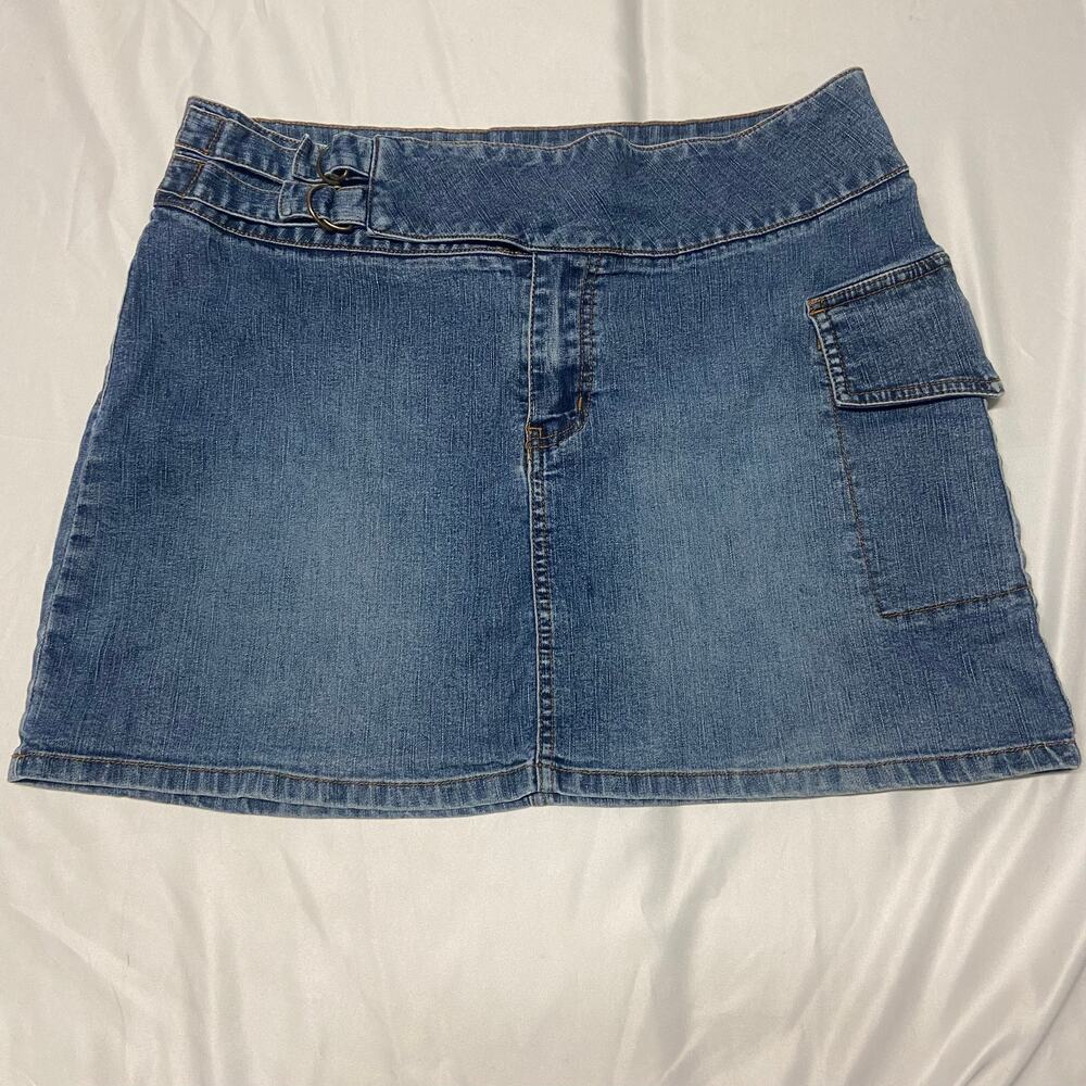 Joe Boxer Skirt Denim Size 15 Mini 90's Retro Stretch Side Pocket Flap Front GUC